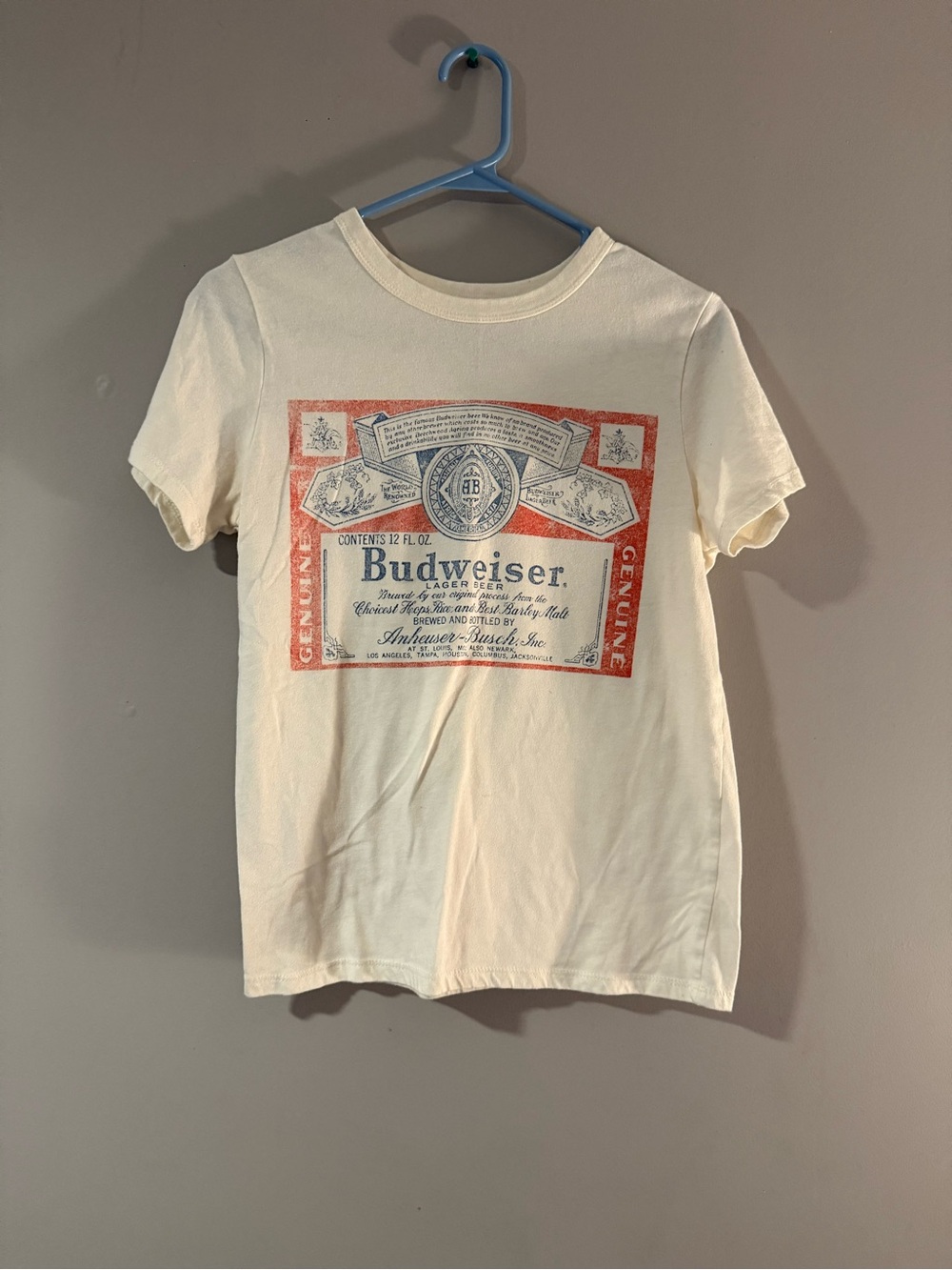Hybrid Apparel Cream Tee with Red and Navy Label Graphic